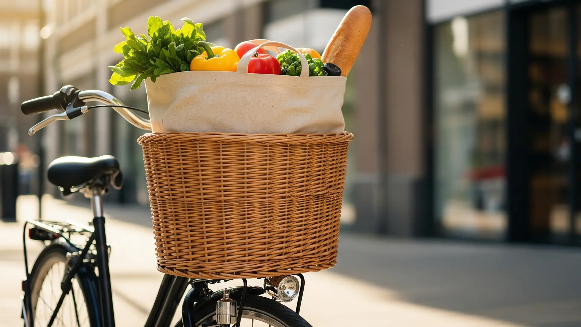 A bicycle filled with groceries