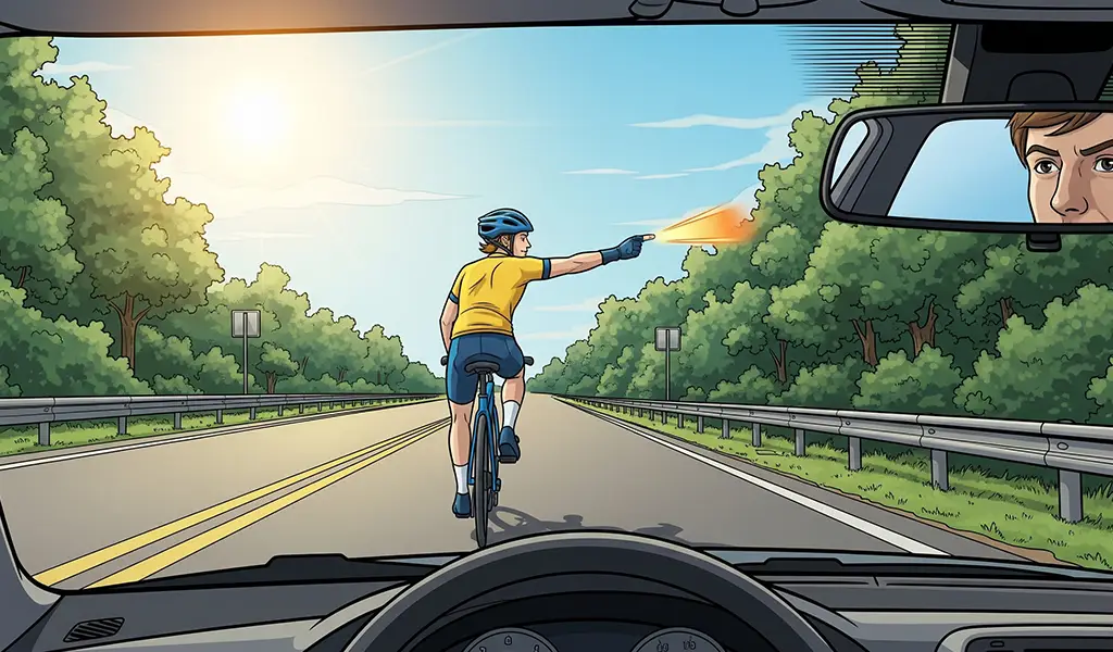 illustration of bicyclist signaling turn with his right hand