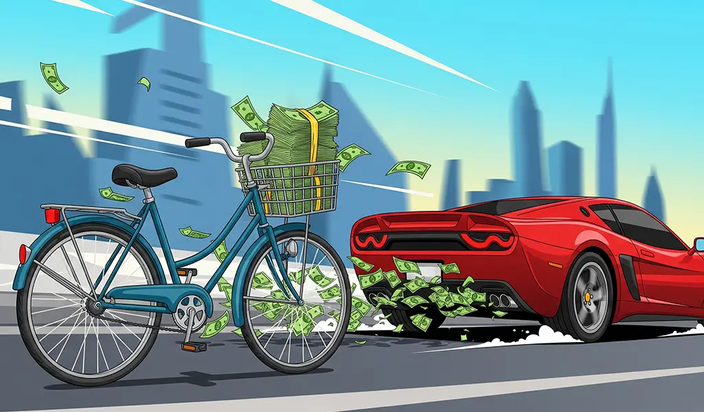 Illustration car blowing out money from exhaust bicycle with money in saved in basket
