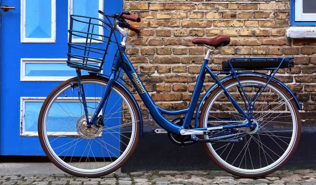 The Mustang city bike standing on the sidewalk parked outside a house