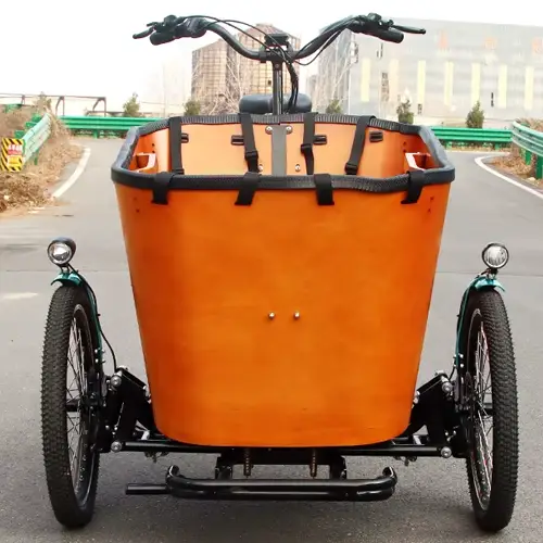 A cargo bike with 2 seats and a lot of loading space