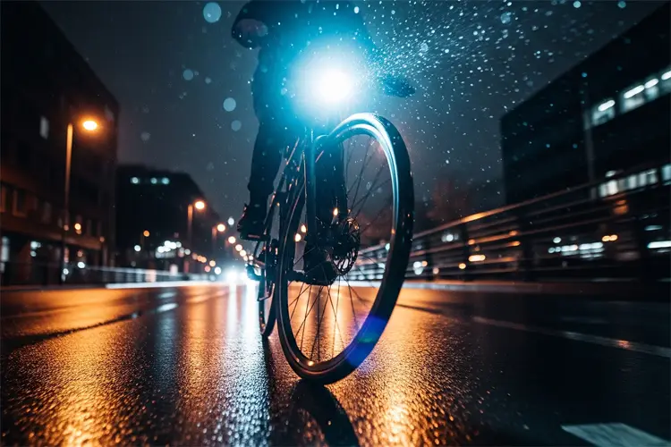 A bicycle riding through a city at night with headlamp on
