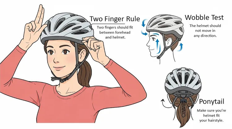 Fitting guide illustration showing 2-finger rule, wobble test etc
