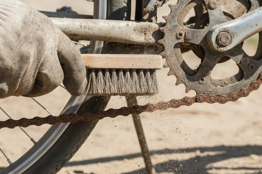 brushing of old rust on a rusty bike chain